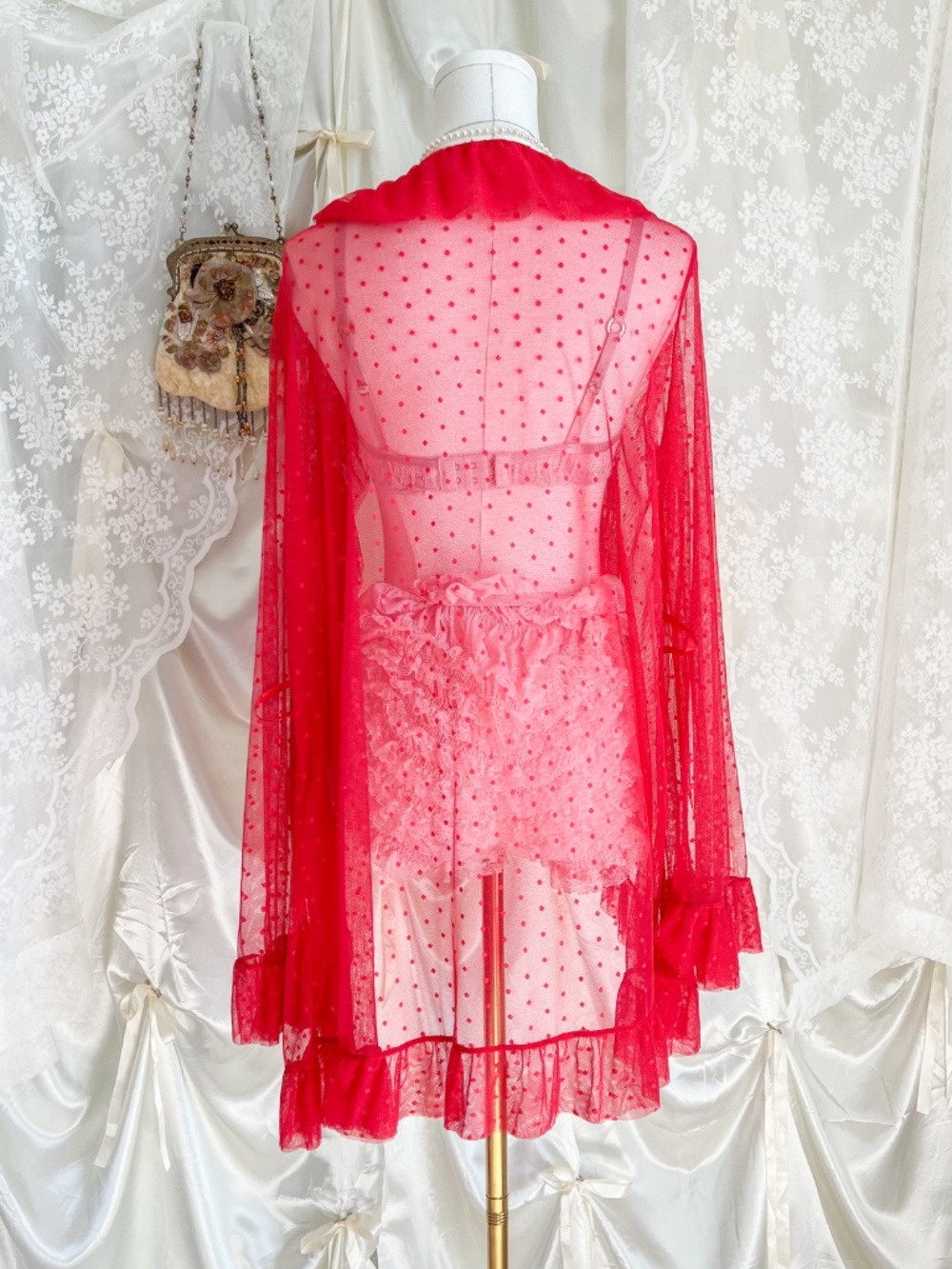 Sheer Red Polka Dot Ruffle Mesh Duster Cardigan - Picture 2 of 5